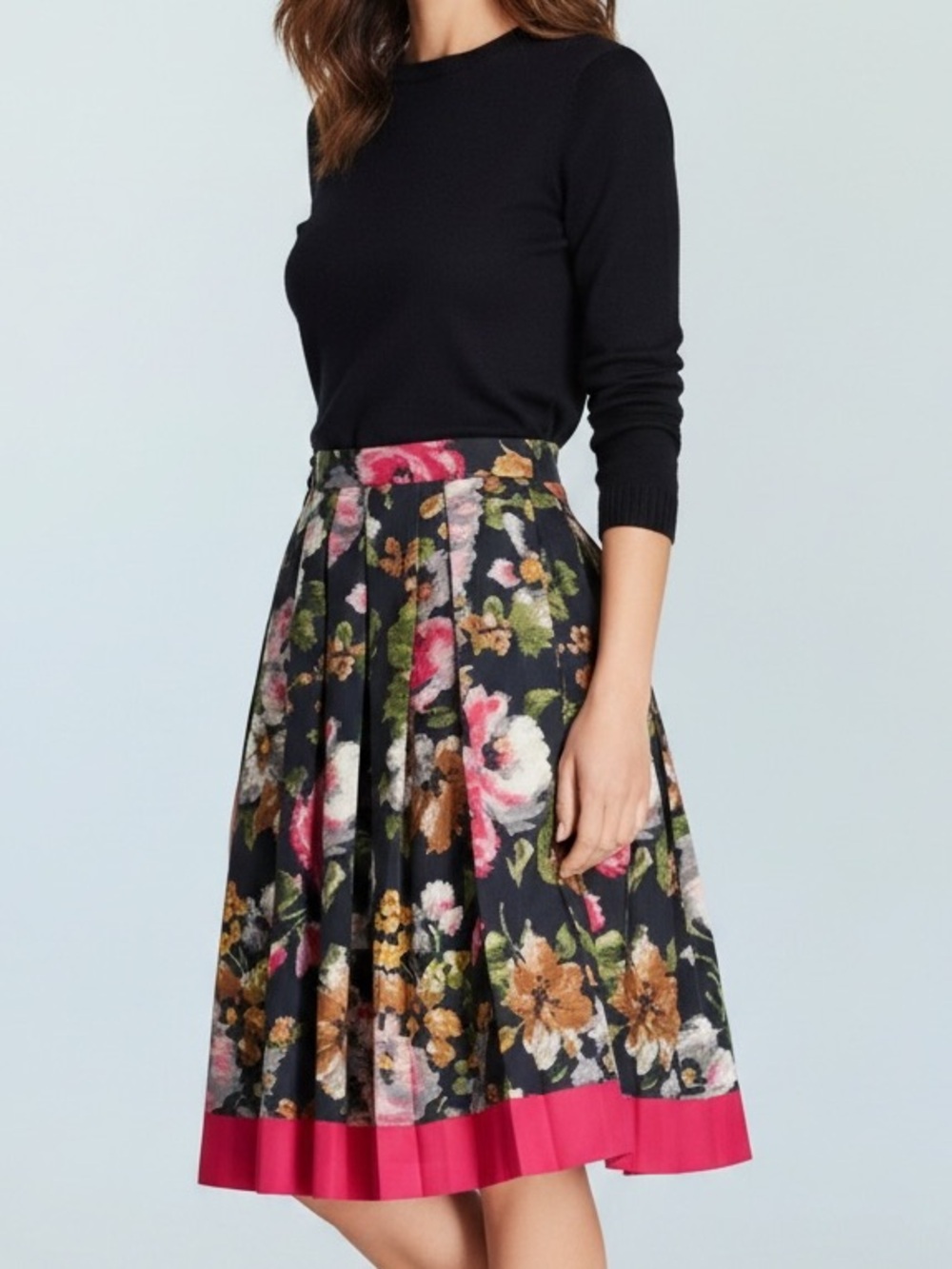 Brooks Brothers Red Fleece Floral Pleated A-Line Skirt with Pink Hem Size 6